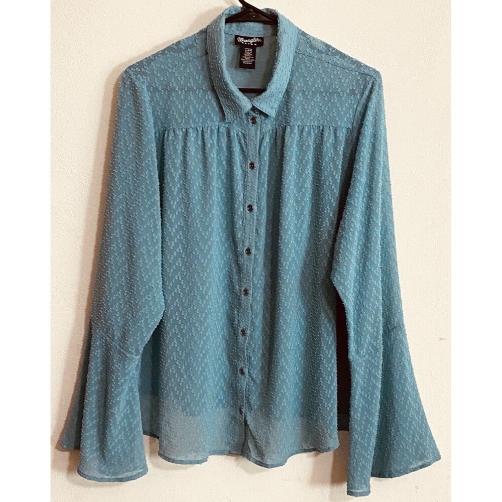Wrangler Retro Women’s Sheer Teal Shirt Sz L Bell Sleeves Textured Rodeo Chic